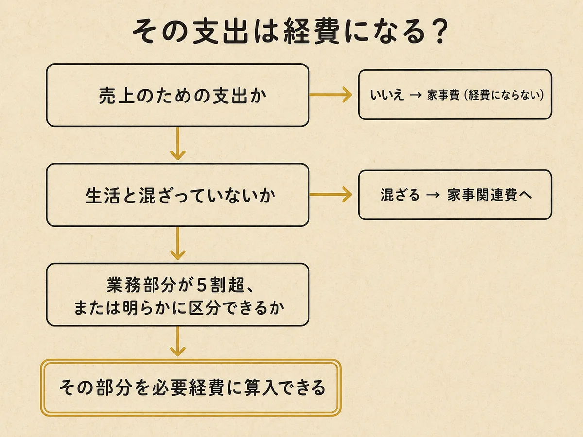 アフィリエイトの支出が必要経費になるかを判定する3段階のフロー図。「売上のための支出か」「生活と混ざっていないか」「業務部分が5割超、または明らかに区分できるか」を順に判定し、該当部分を必要経費に算入できることを示す