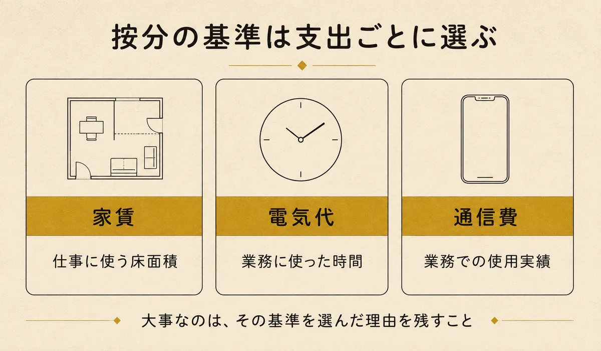 アフィリエイトの家事関連費を按分する基準の例。家賃は仕事に使う床面積、電気代は業務に使った時間、通信費は業務での使用実績で按分することを示した3列の図